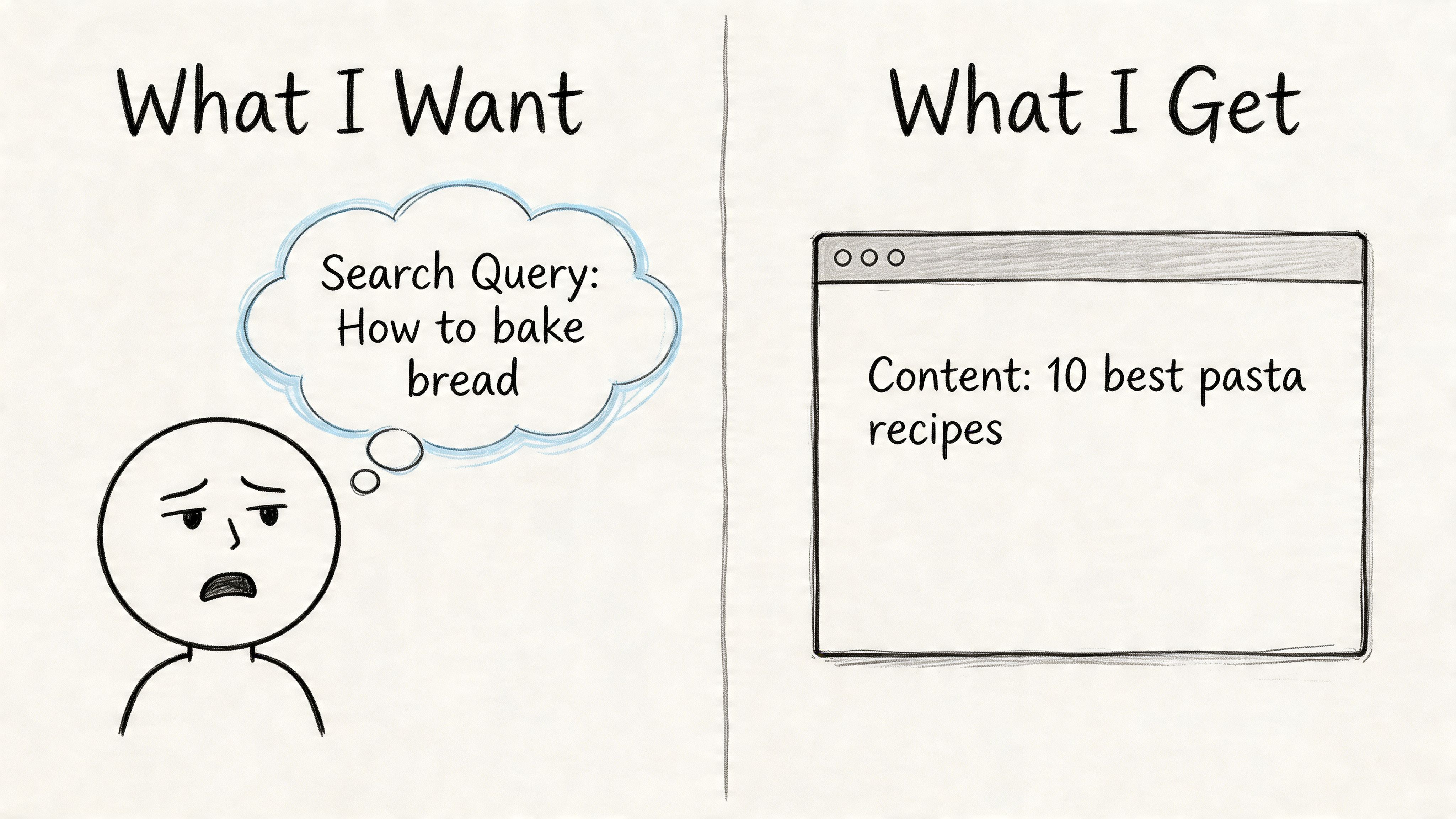 A cartoon illustration showing the disconnect between a user's search query for baking bread and irrelevant results.