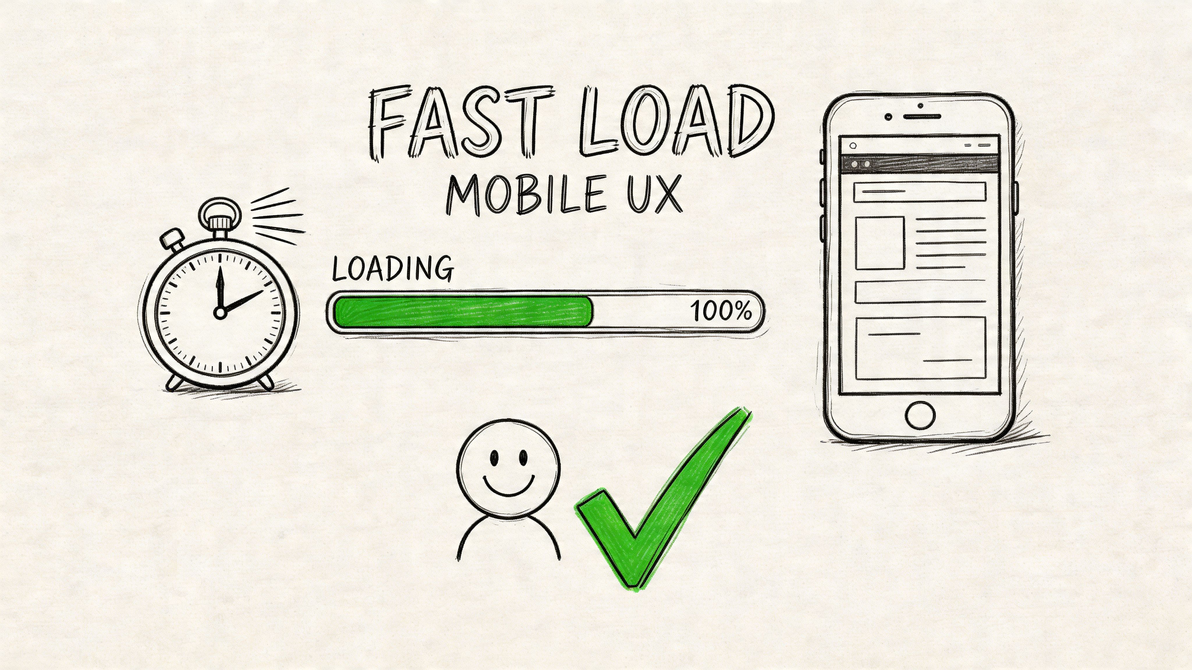 A hand-drawn illustration showing a stopwatch, a full loading bar, a smartphone, and a happy user symbol.