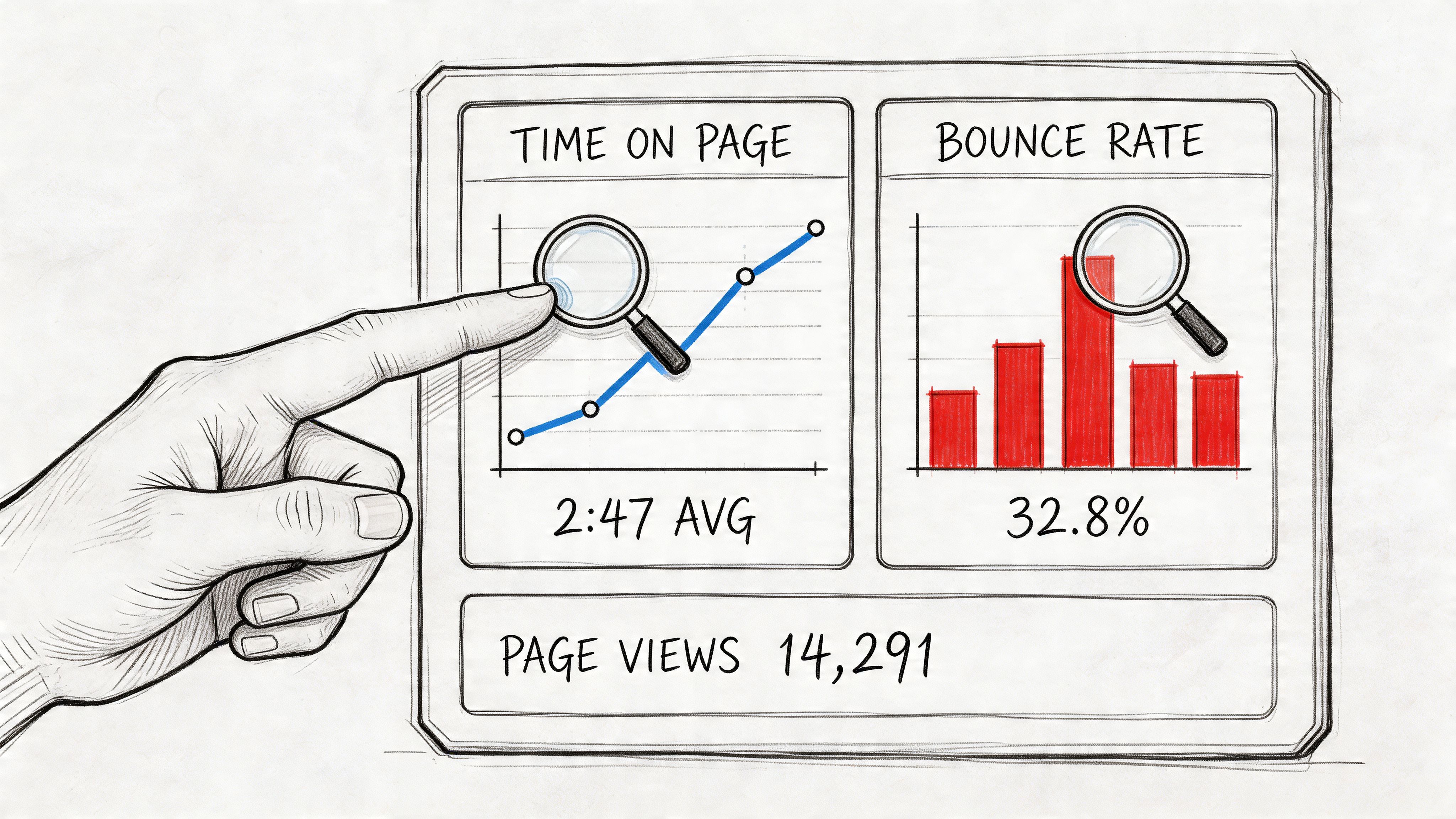 A hand pointing at a data dashboard showing website analytics including time on page and bounce rate.