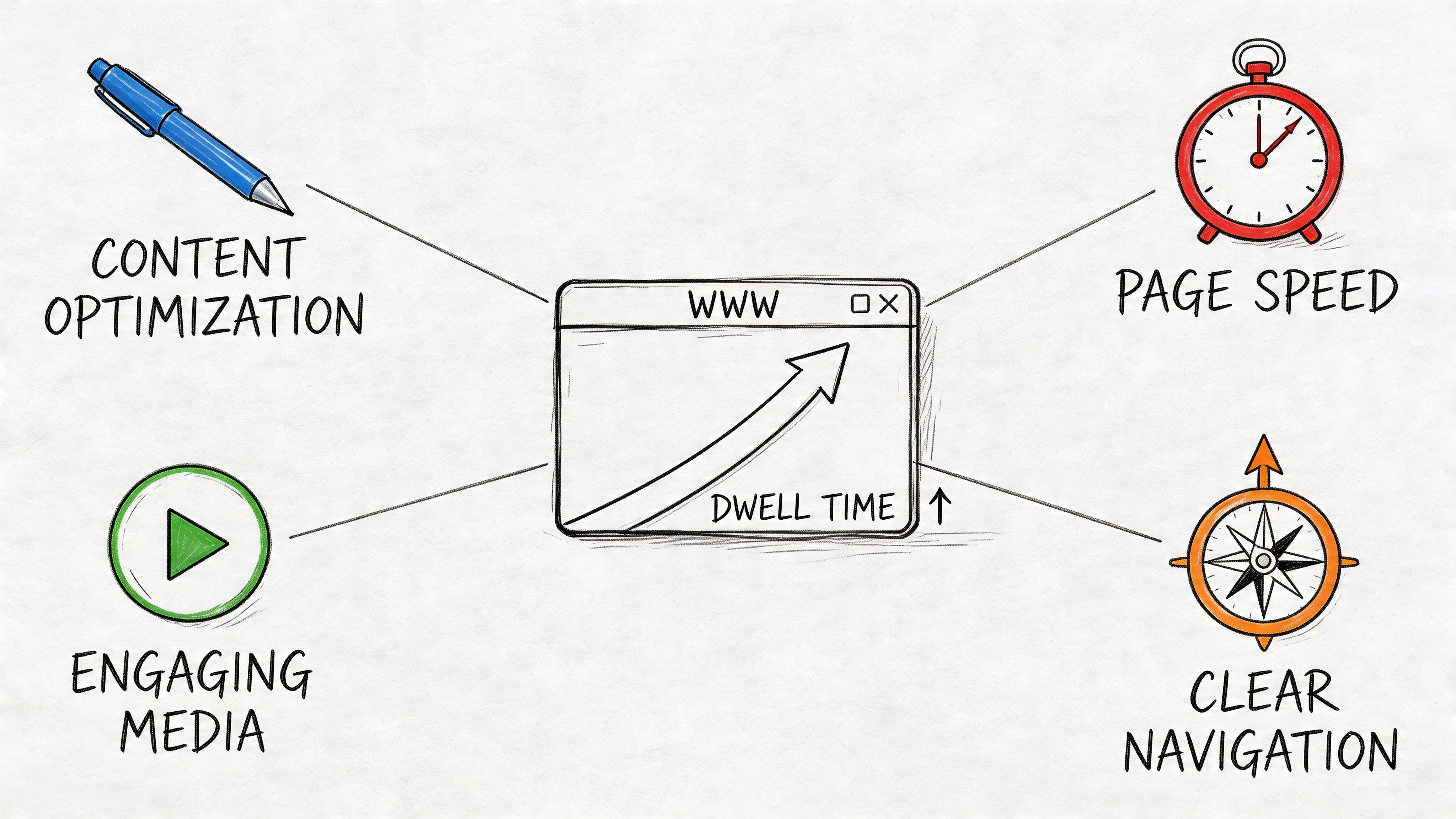 A diagram illustrating four key factors for improving website dwell time including content, speed, media, and navigation.