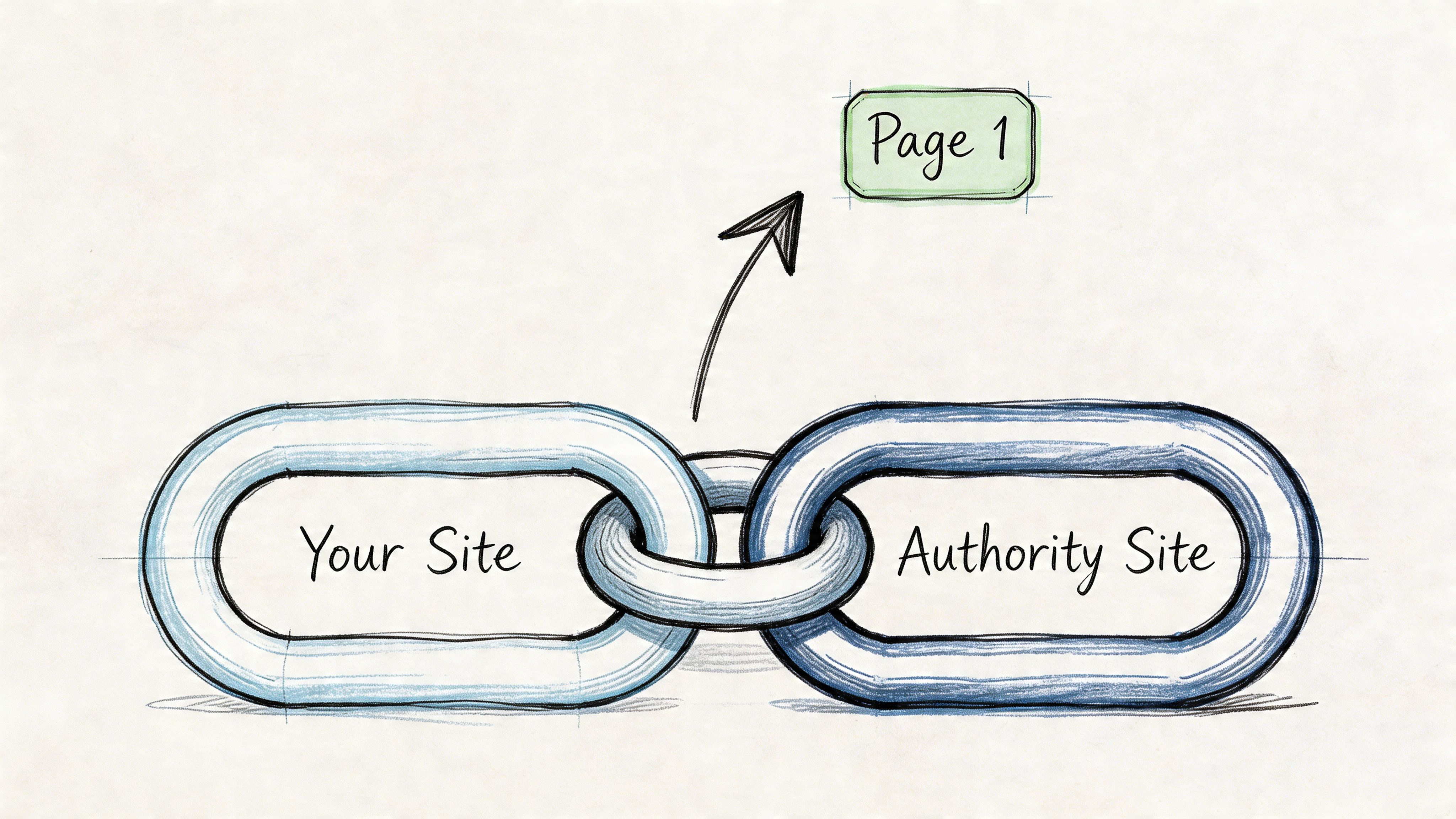 A conceptual diagram showing a website chain connecting your site to an authority site for ranking.