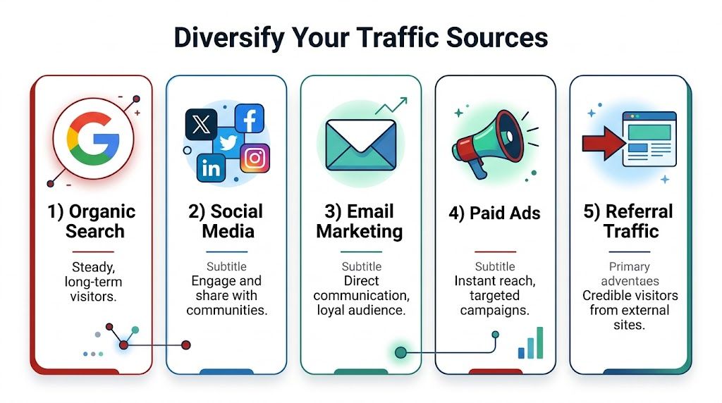 An infographic showing five essential strategies to diversify your website traffic, including organic search, social media, and ads.