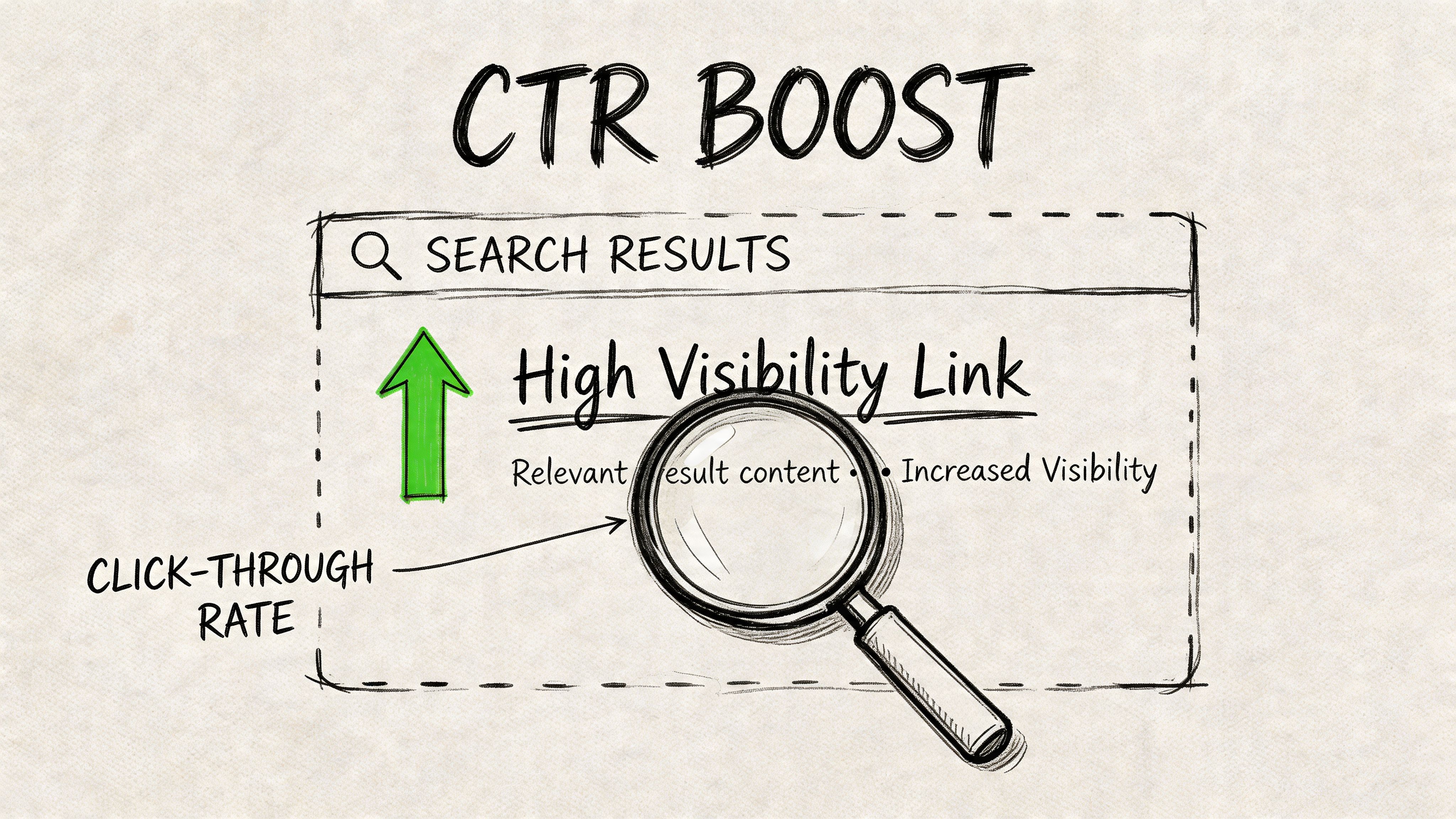 A hand-drawn sketch illustrating how to boost CTR for a high visibility link in search results.