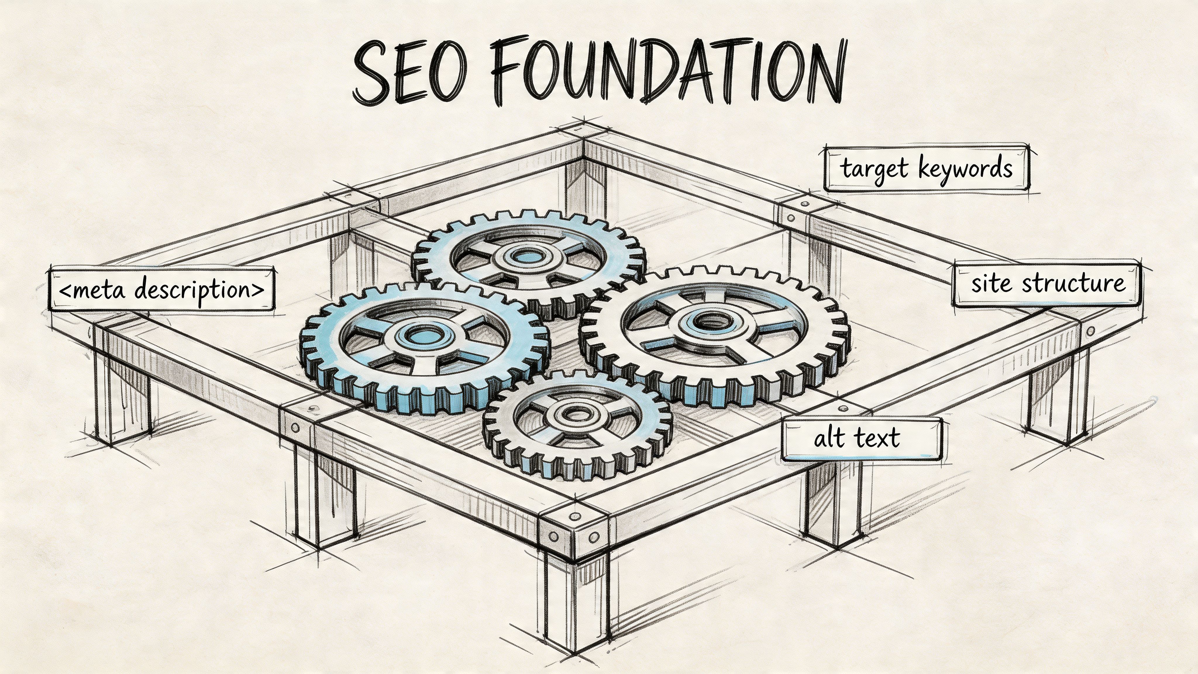 A conceptual sketch showing four interconnected gears on a wooden platform labeled with SEO foundation elements.