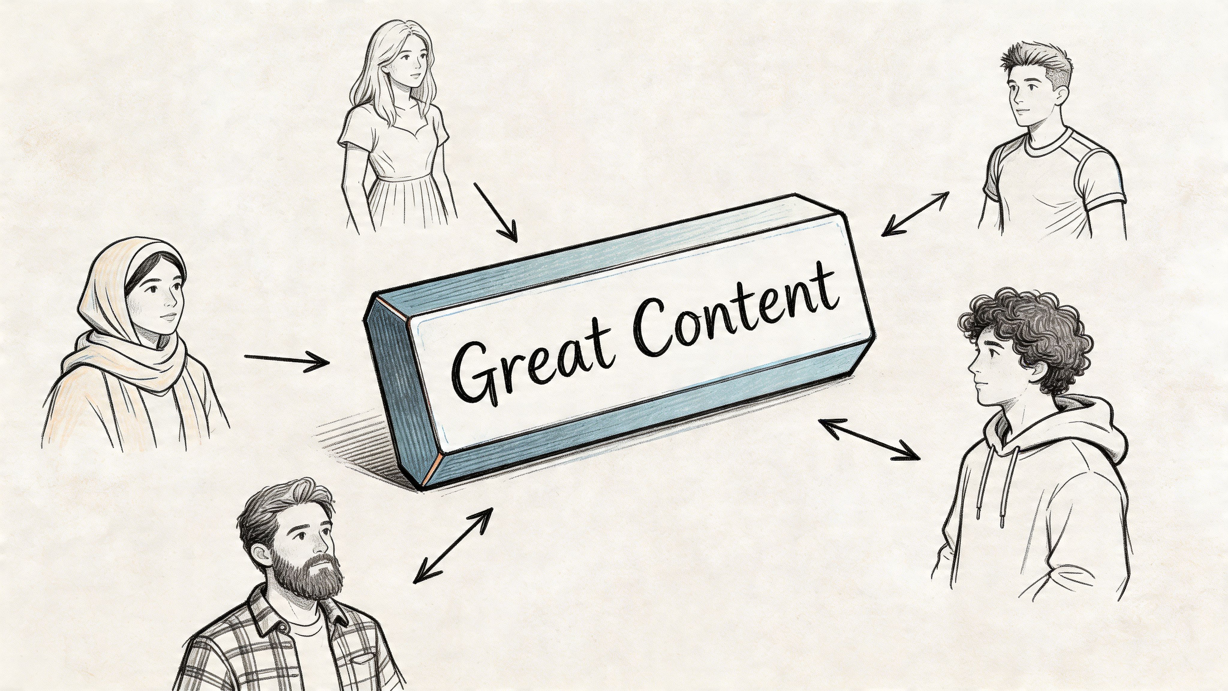 A central box labeled Great Content surrounded by diverse people connected by arrows representing content strategy.