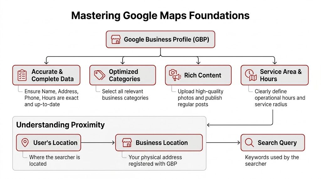 A flowchart titled Mastering Google Maps Foundations outlining strategies for optimizing your Google Business Profile for local SEO.