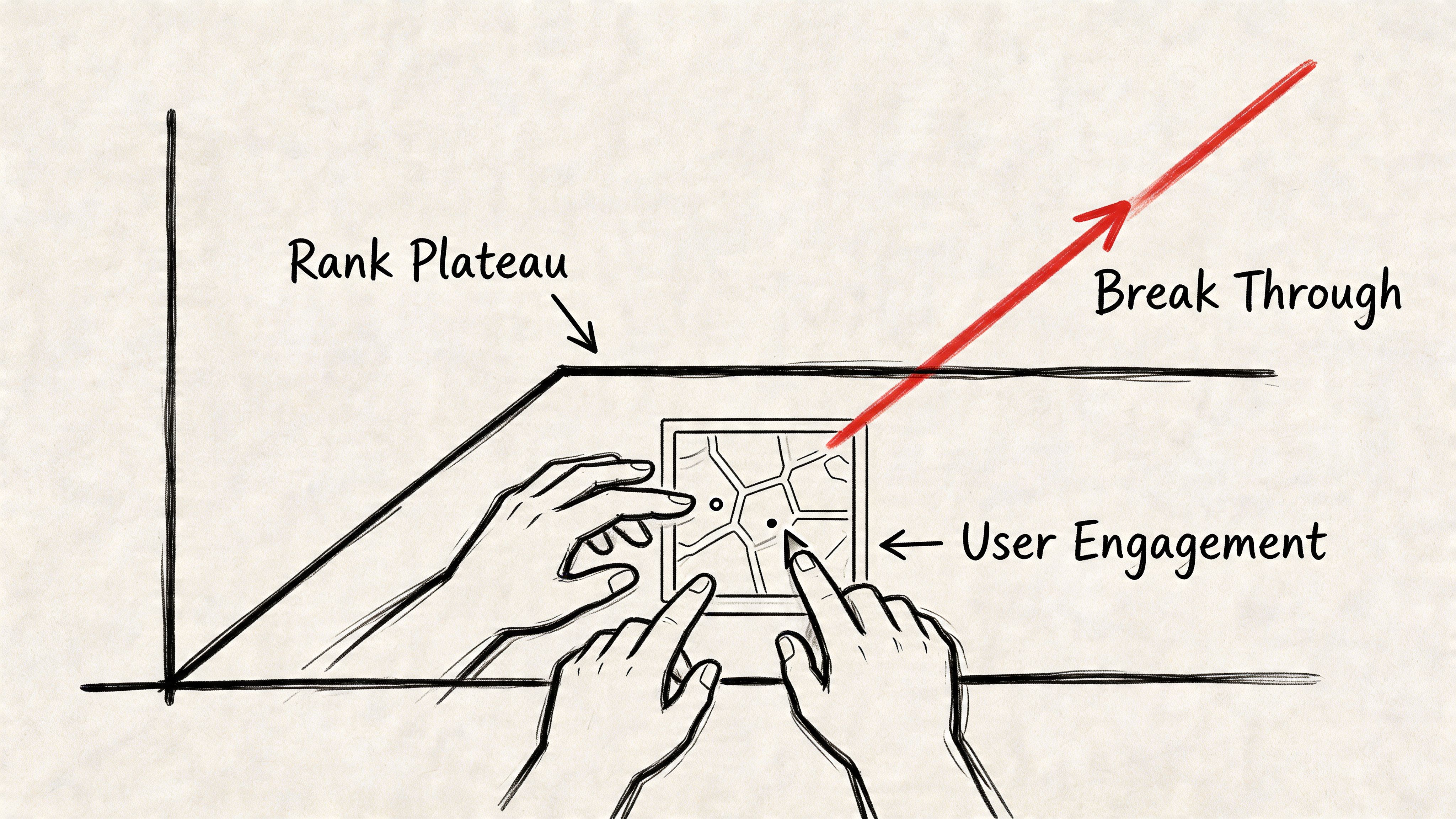 A hand-drawn illustration depicting a growth chart with a rank plateau and a user engagement breakout.
