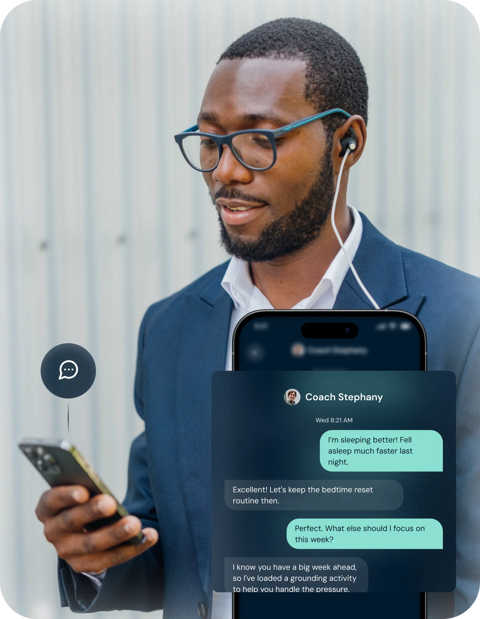 Man in glasses and suit listening to earphones while holding a smartphone, with an overlaid chat conversation about sleep improvement and grounding activities.
