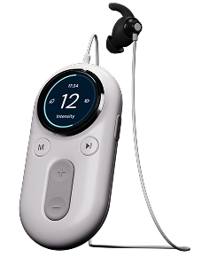 White portable audio device with a digital screen displaying time and volume, attached to a black earbud.
