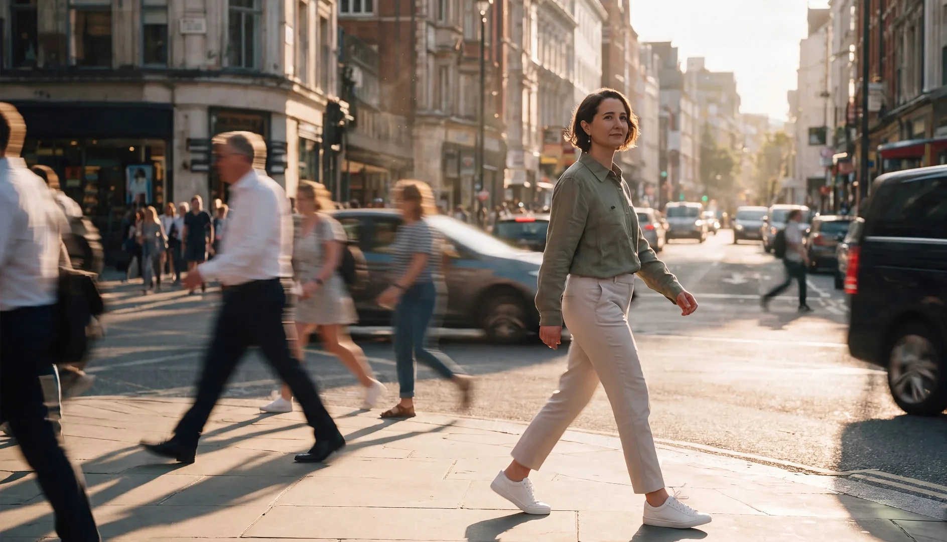 Woman in green shirt and white pants walking across a busy city street at sunset.