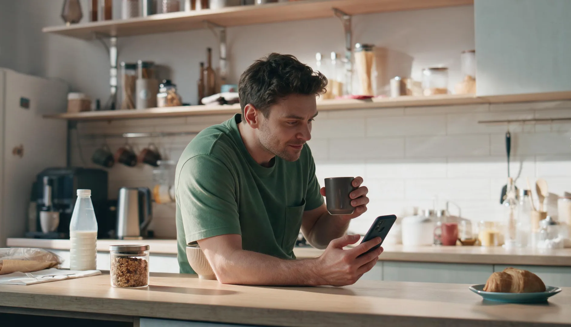 Man in green shirt holding a cup and looking at his phone in a kitchen with breakfast items on the counter.
