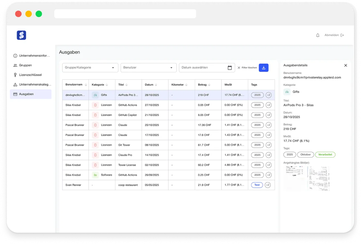 Screenshot der Spesen Cloud Ausgaben Übersicht