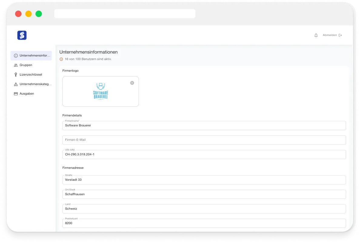 Ein Screenshot eines Unternehgmensprofils in der Spesen Cloud