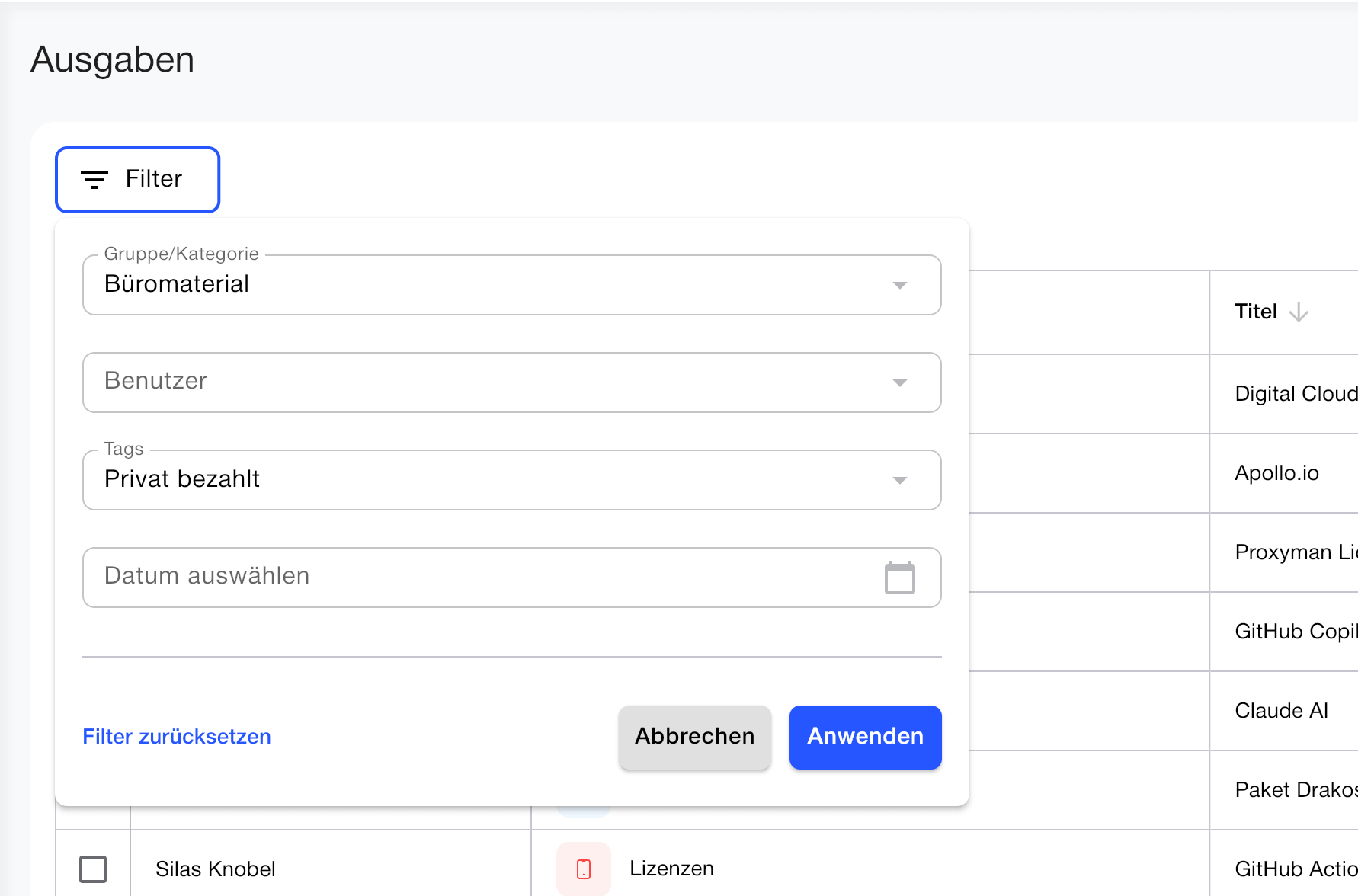 Neue Filterfunktionen in der Spesen App