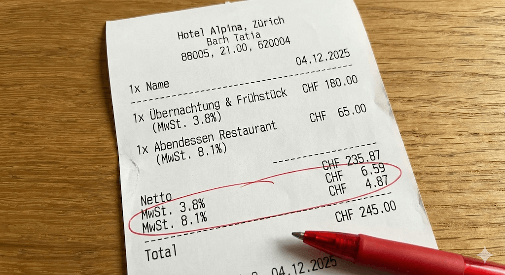 Schweizer Hotelbeleg mit rot markierter Aufteilung der Mehrwertsteuer: 3.8% für Übernachtung und 8.1% für Verpflegung