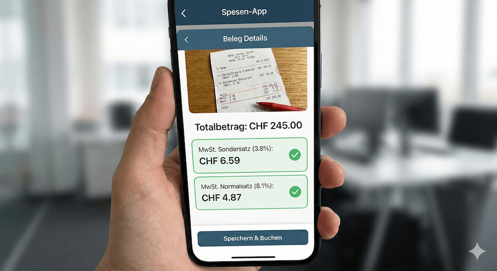 Smartphone Screenshot der Spesen-App zeigt automatische Erkennung und Aufsplittung der MwSt Sätze (3.8% und 8.1%) vom gescannten Hotelbeleg