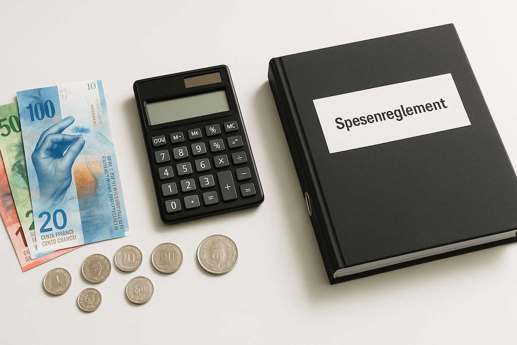 Ein ordentlich aufgeräumter Schreibtisch mit Schweizer Franken und einem Aktenordner 'Spesenreglement'