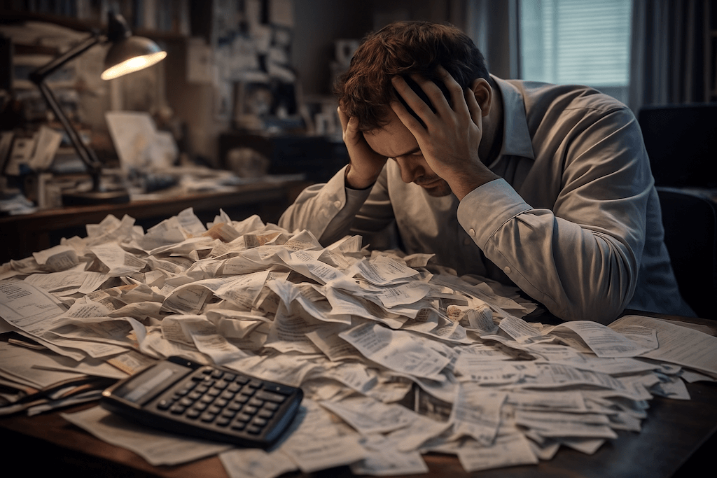Ein gestresster Geschäftsmann sitzt vor einem Berg unsortierter Quittungen und Belege
