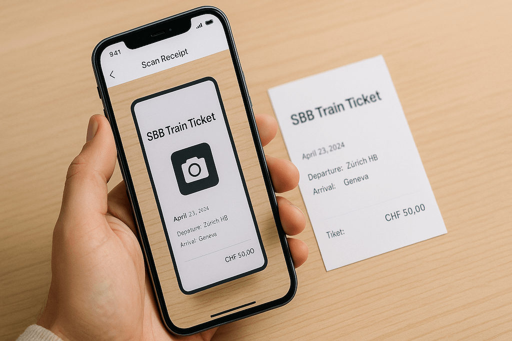 Nahaufnahme einer Hand, die mit einer mobilen Spesen App auf dem Smartphone einen SBB-Beleg digital einscannt