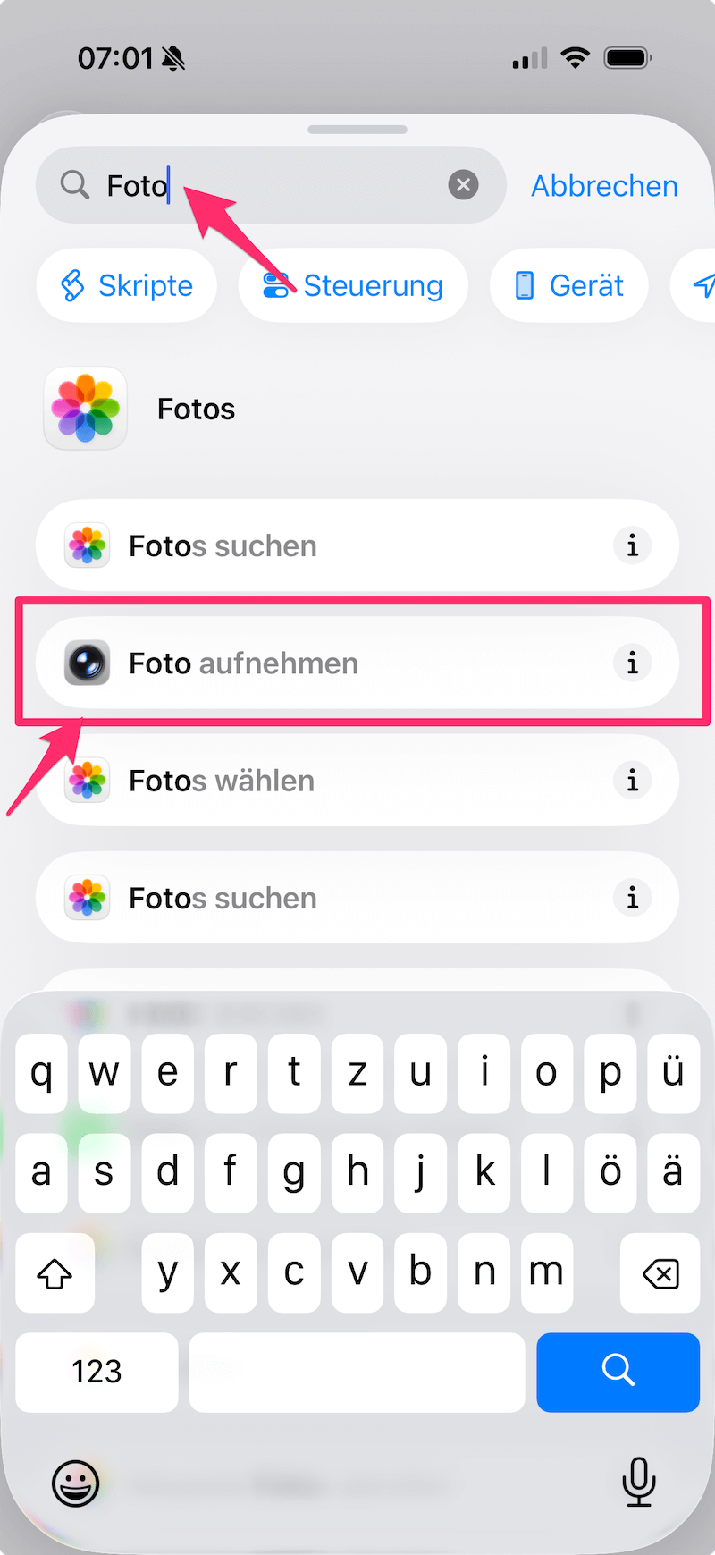 Kamera Aktion Foto aufnehmen hinzufügen