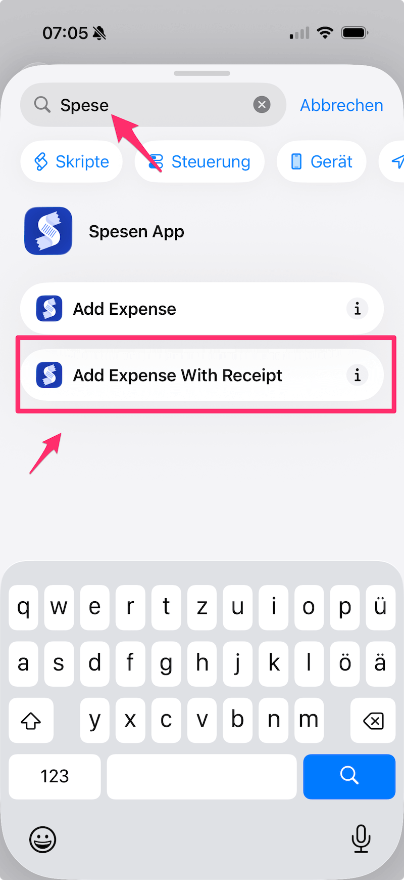 Spesen App Aktion Add Expense With Receipt hinzufügen