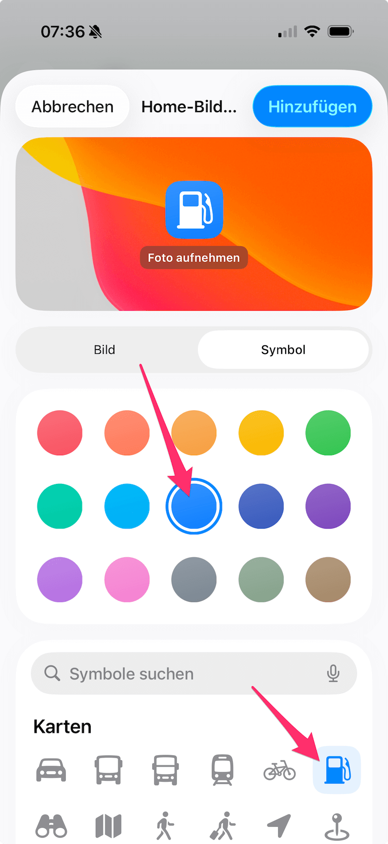 Icon Farbe und Symbol auswählen