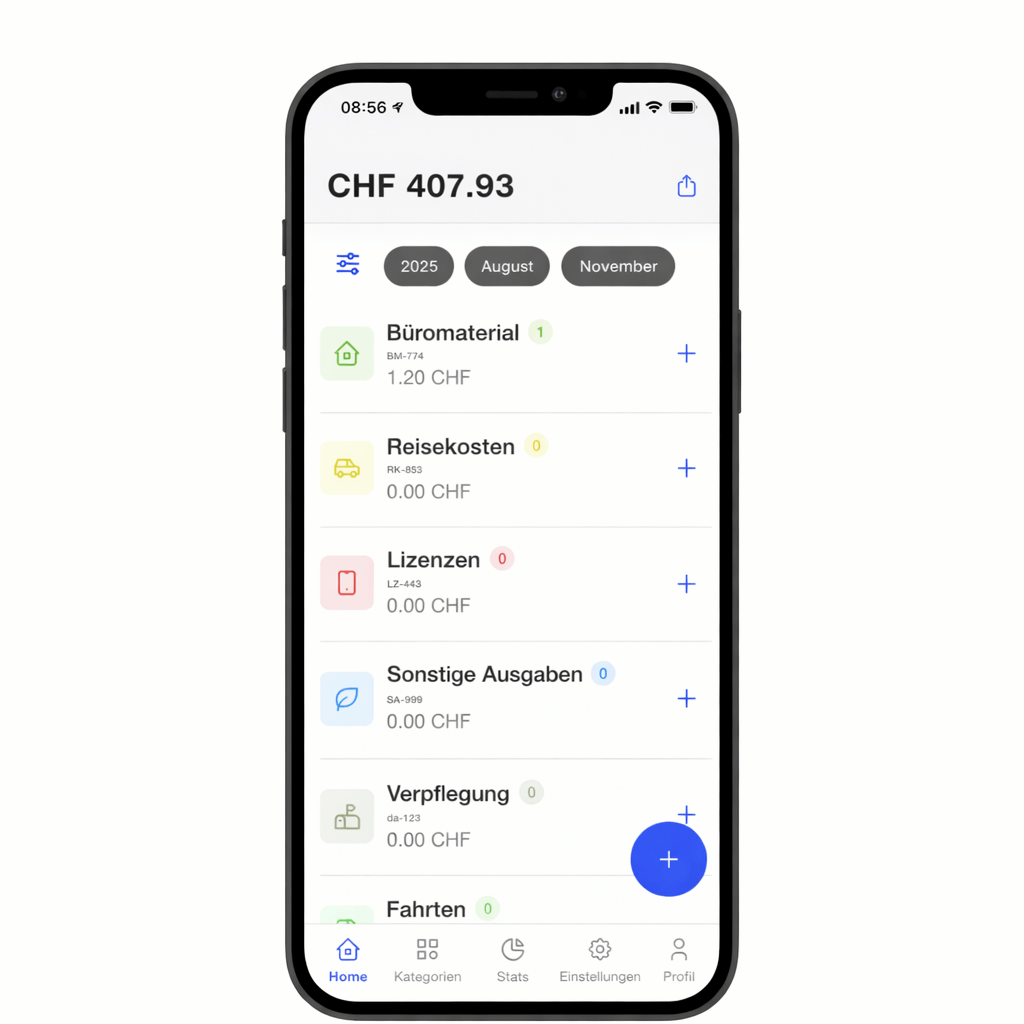 Spesenübersicht in der Spesen App: Ausgaben nach Kategorien und Zeitraum übersichtlich verwalten