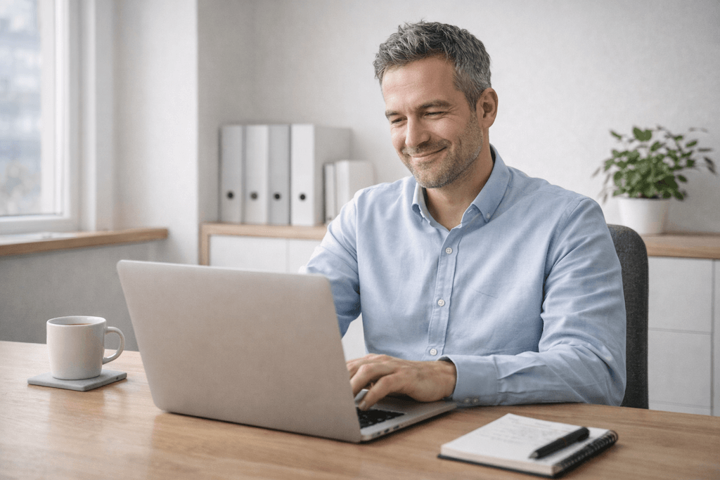 Entspannter Selbstständiger überprüft organisierte Spesen in einem modernen Büro