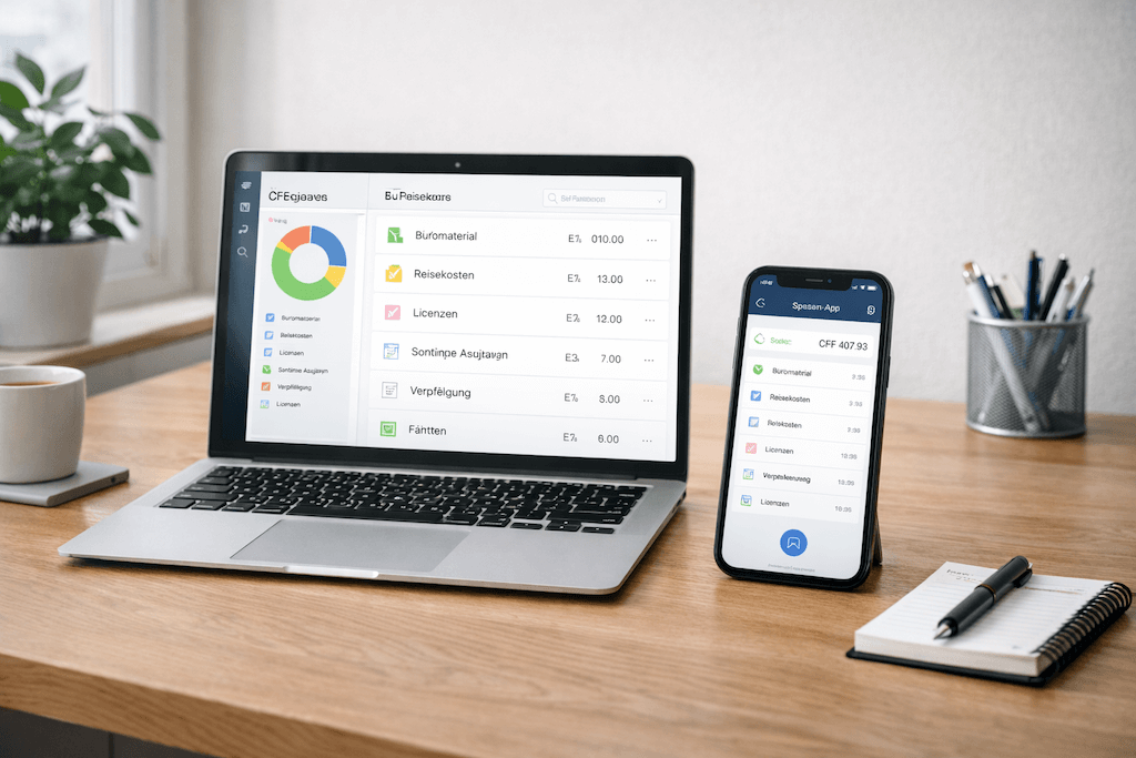 Digitale Spesenübersicht mit klaren Kategorien und strukturierten Ausgaben auf Laptop und Smartphone