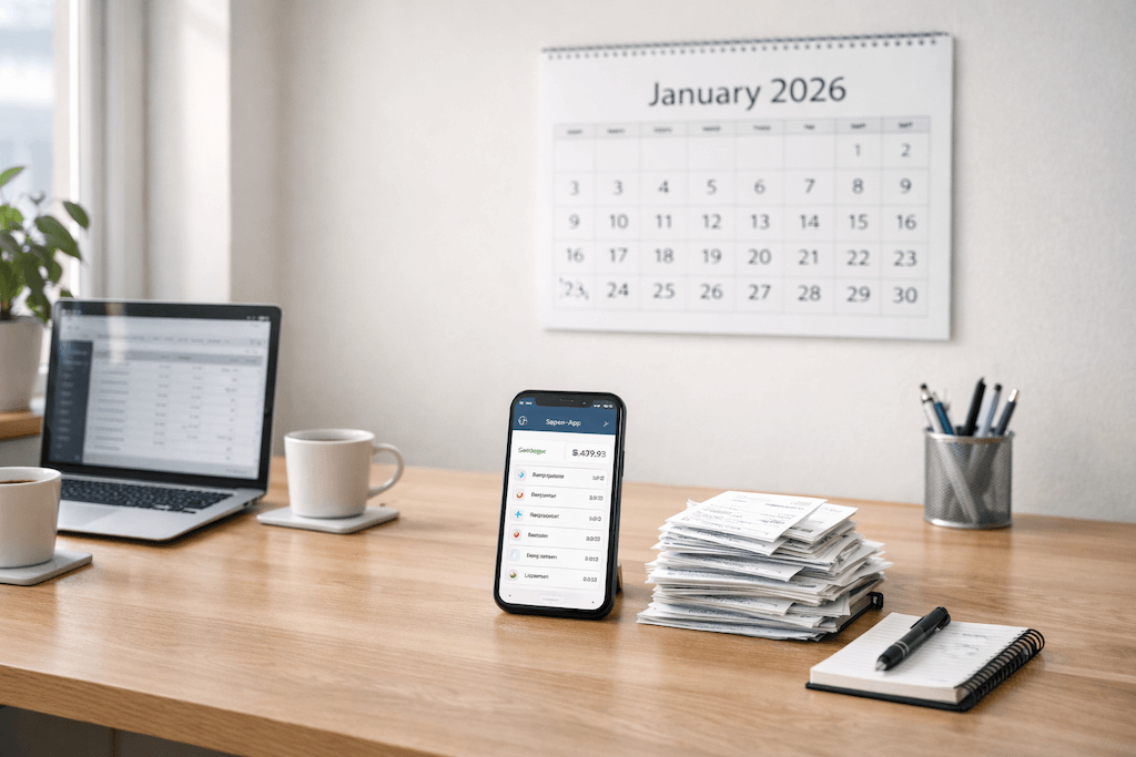 Digital organisierter Arbeitsplatz zum Jahresanfang 2026 mit Laptop, Smartphone und Spesenbelegen