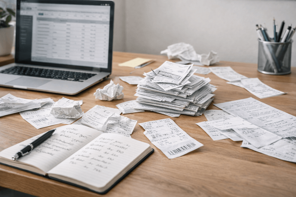 Unorganisierte Spesenbelege und Excel-Tabelle auf einem chaotischen Schreibtisch zum Jahresanfang