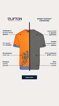 Comparison chart of custom apparel between Clifton Custom Screenprinting and other custom companies showing an orange and blue Clifton shirt with benefits listed and a plain gray shirt with limitations.