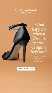 Black high heel sandal with ankle strap by Antonia Saint New York against a beige background with text about feminist genius designing a comfortable chic high heel.