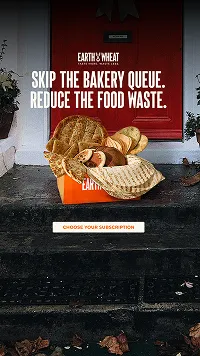 Basket of assorted freshly baked breads on stone steps with text promoting skipping the bakery queue and reducing food waste.