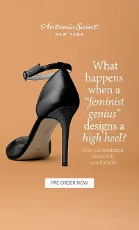 Black high heel shoe with ankle strap on a beige background, advertising pre-order for chic, customizable, comfortable heels.