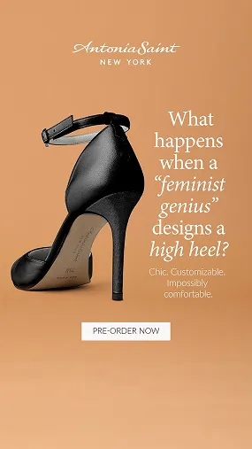Black high heel shoe with ankle strap on a tan background, alongside text promoting a customizable, comfortable high heel by Antonia Saint New York.