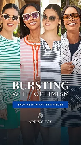 Four women smiling and wearing colorful striped and dotted outfits with sunglasses, promoting new pattern pieces from Addison Bay.