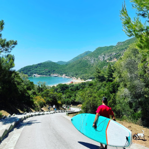 Person in a red shirt carrying a turquoise surfboard walking down a road surrounded by trees toward a beach with mountains in the background.