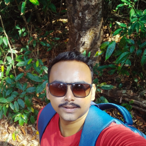 Man wearing sunglasses and a red shirt with a blue backpack posing outdoors in a forested area with green foliage and a tree trunk behind him.