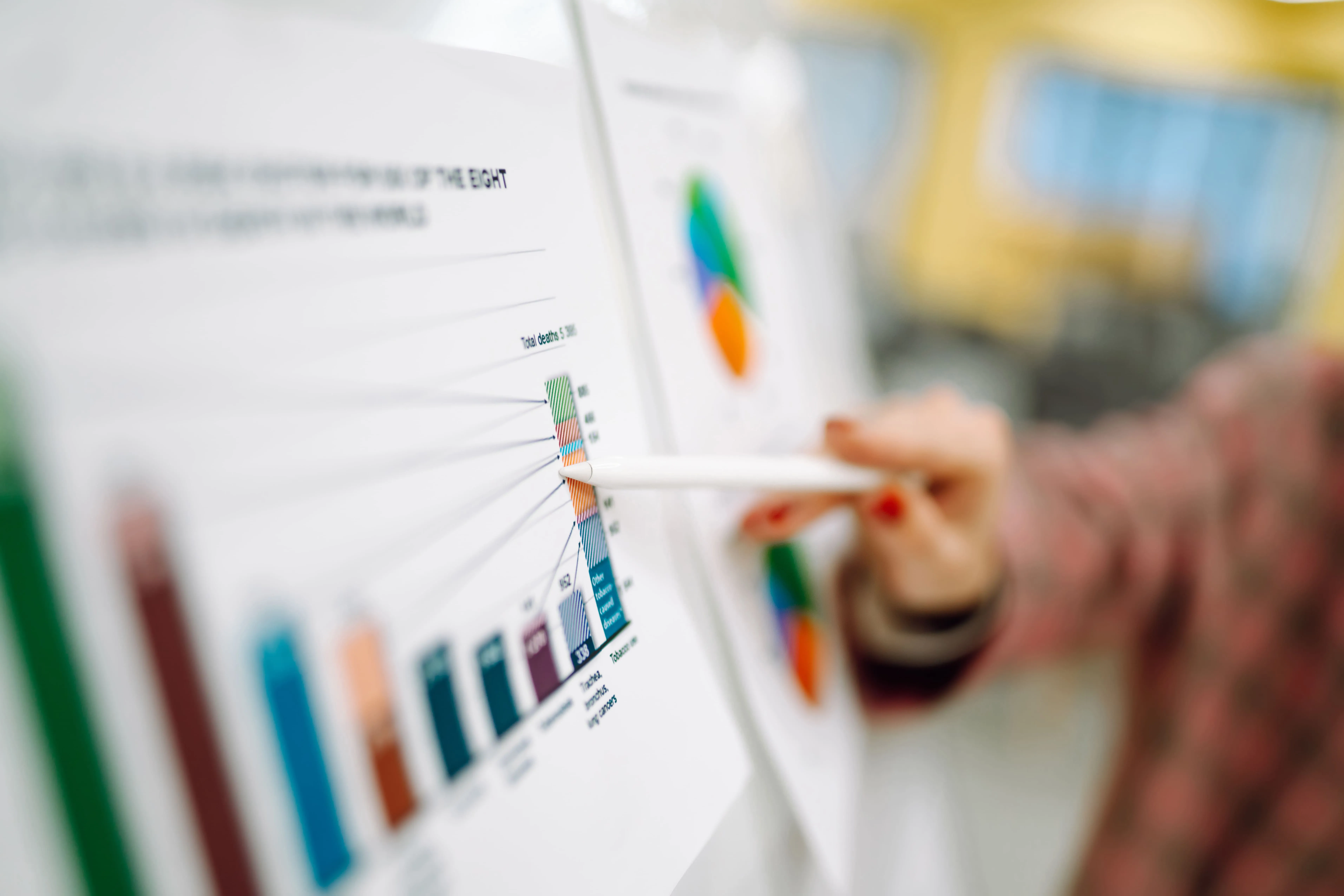 Hand with red nail polish pointing at a bar chart on a whiteboard with stacked colored bars and a pie chart in the background.