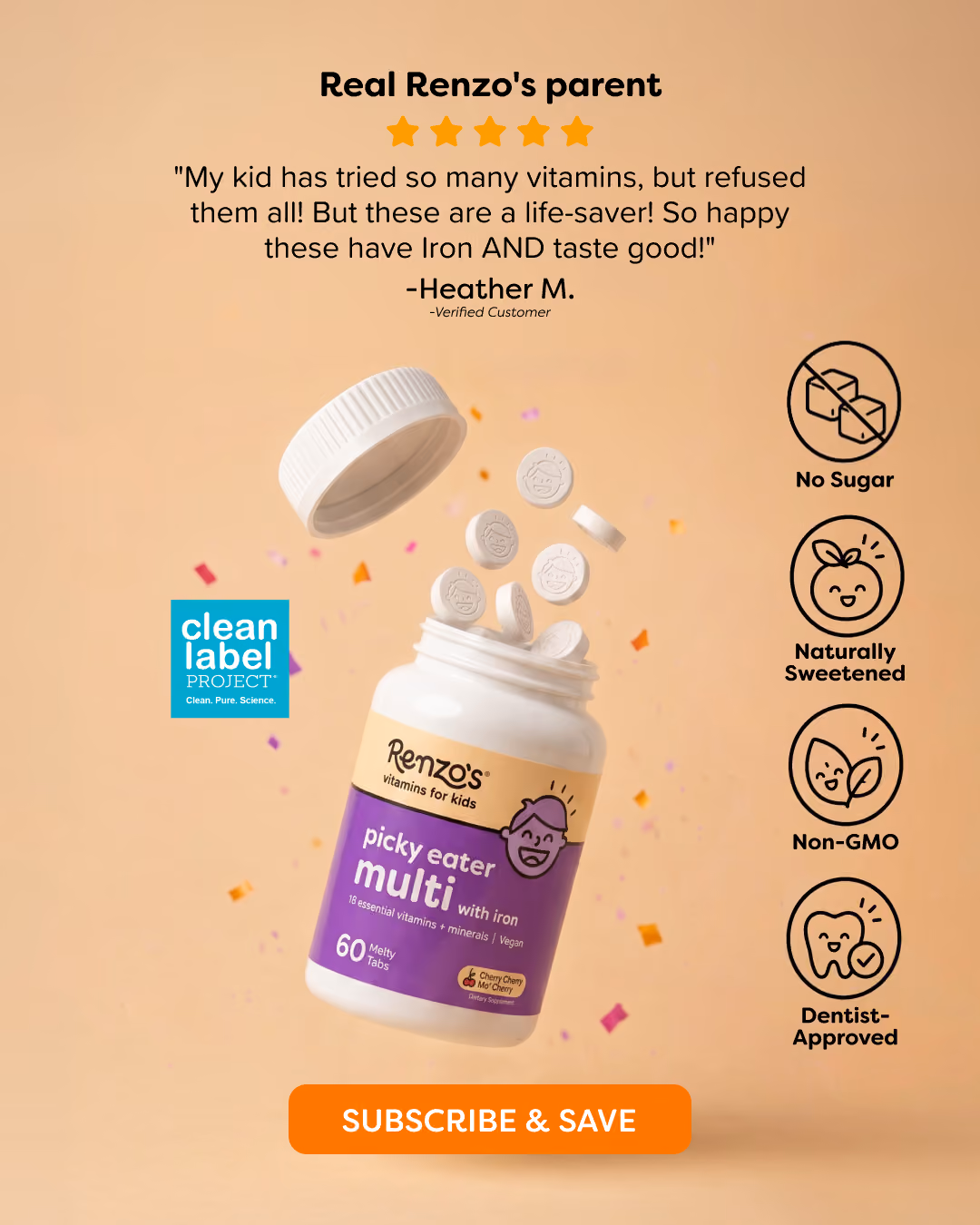 Picky Eater Multi kids vitamin lifestyle ad creative with ingredient transparency messaging