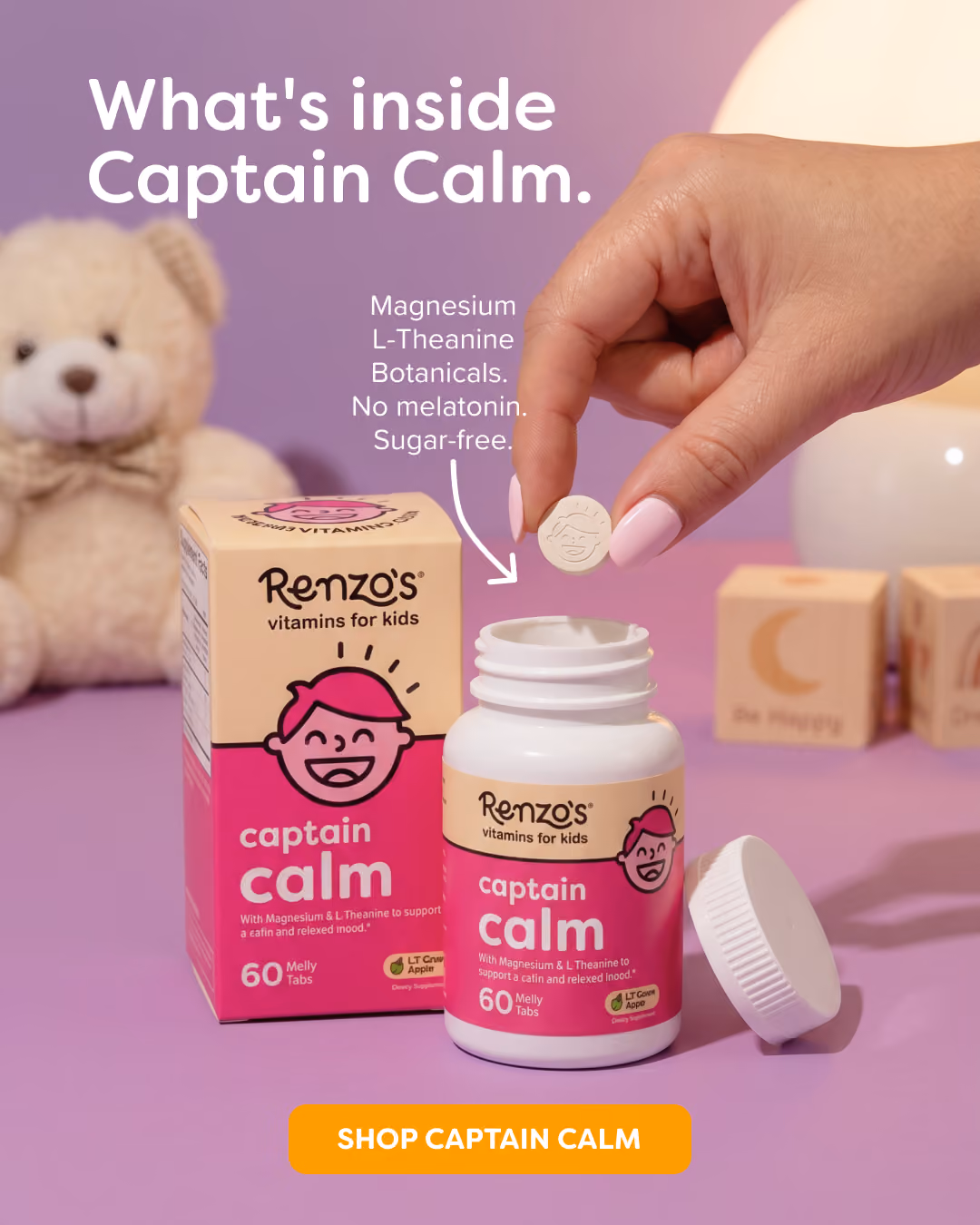 Captain Calm kids supplement lifestyle ad creative with ingredient callouts in 4x5 format