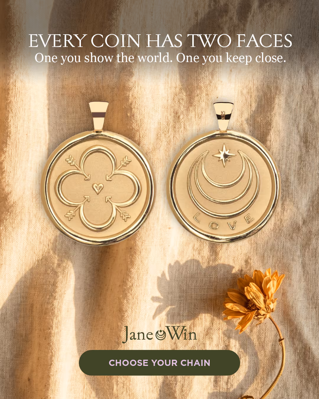 Jane Win double sided pendant necklace ad creative in 4x5 format