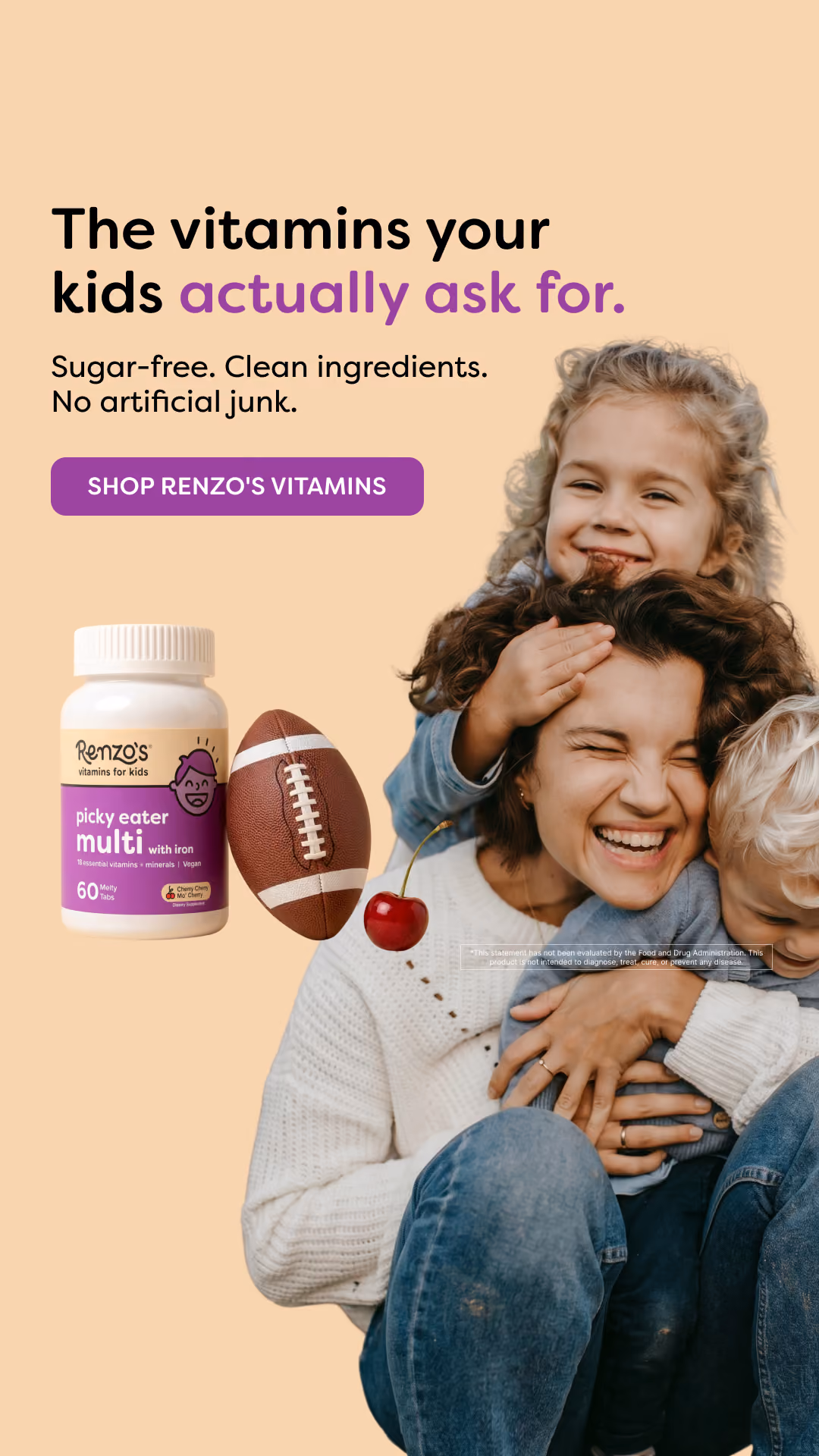 Kids multivitamin lifestyle ad creative with ingredient transparency in 9x16 story format