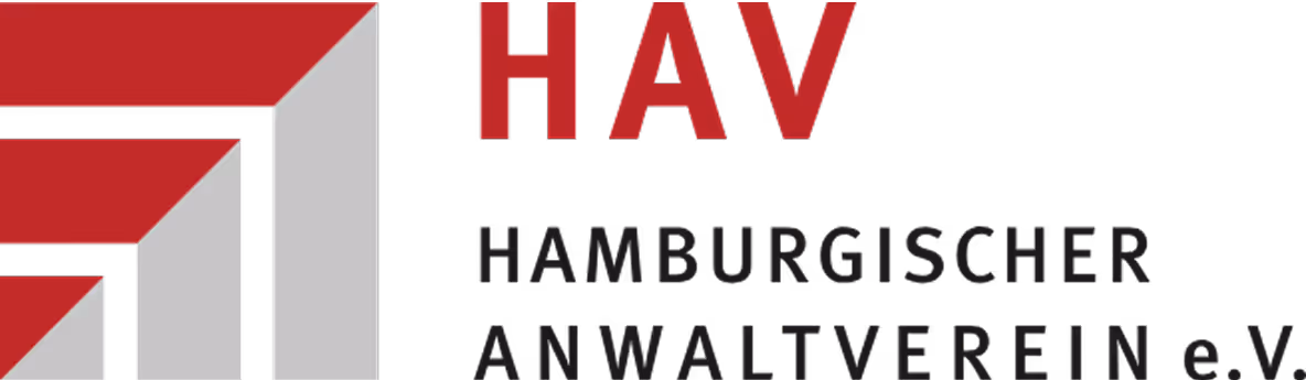 Logo des Hamburgischen Anwaltsvereins (HAV) mit rot-grauem grafischen Symbol und Schriftzug ‚Hamburgischer Anwaltverein e. V.