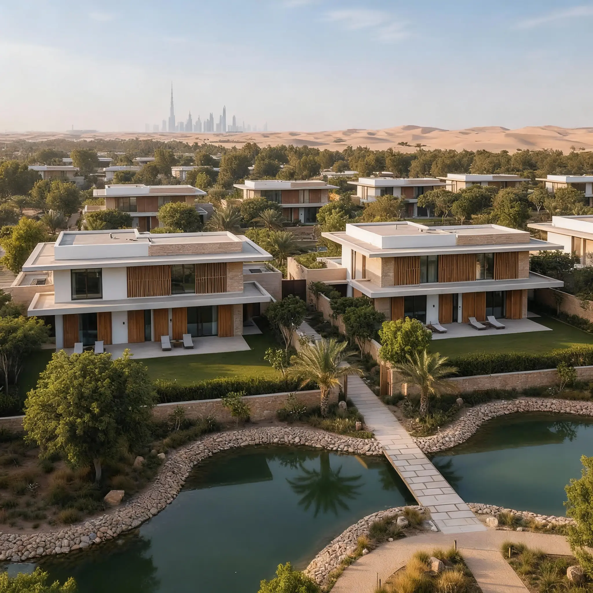 Luxury contemporary villas by LCP in Dubai, designed with European craftsmanship and sustainable materials, overlooking landscaped gardens and the Dubai skyline in the distance.