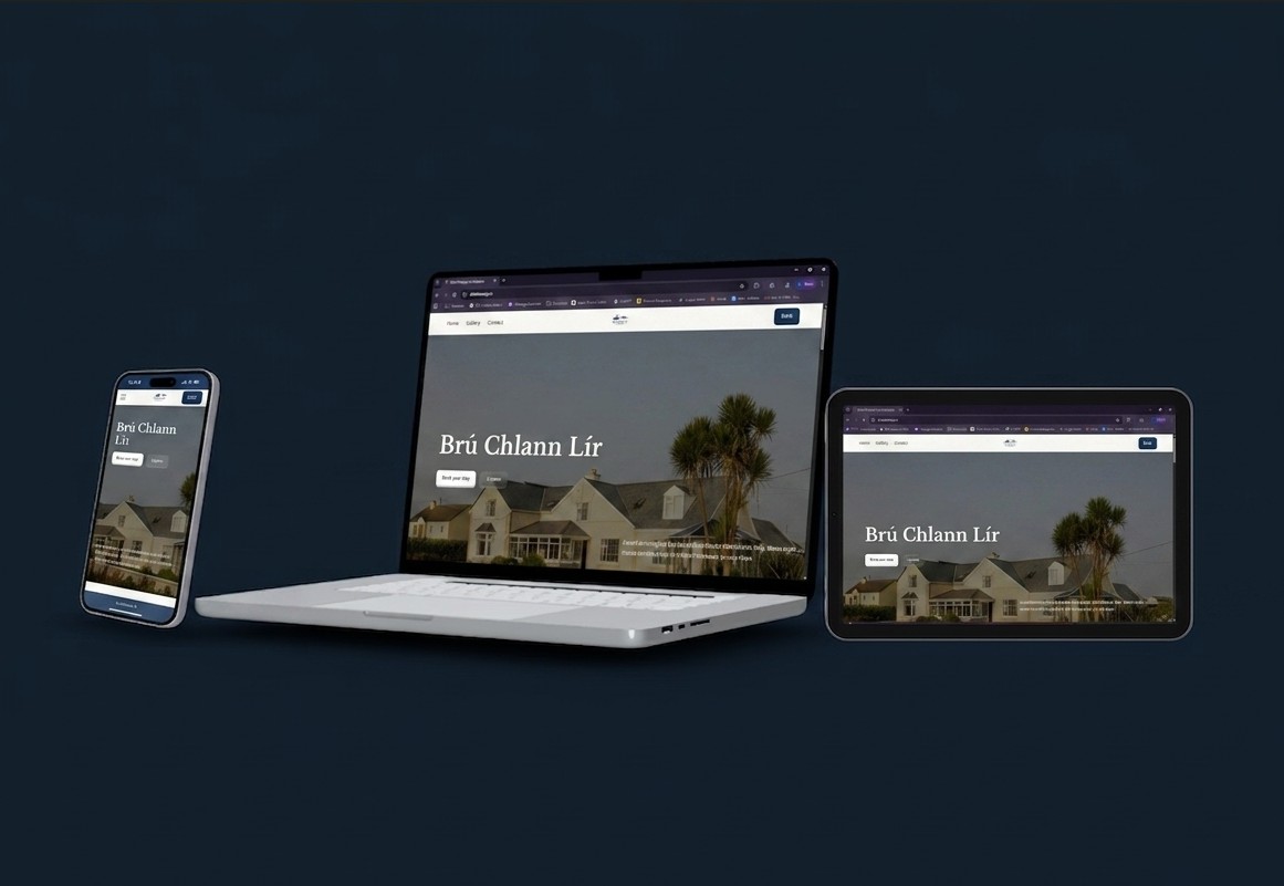 A responsive website displayed on a smartphone, laptop, and tablet showing a house with the text 'Brú Chlann Lír'.