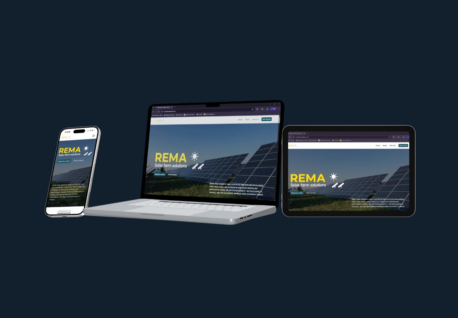 Responsive website for REMA Solar Farm Solutions displayed on a smartphone, laptop, and tablet against a dark background.