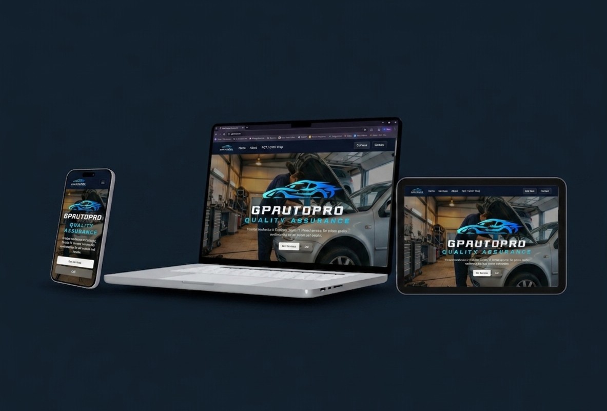 Mobile phone, laptop, and tablet displaying a car repair website with logo and text 'GPAUTOPRO Quality Assurance' against a dark background.