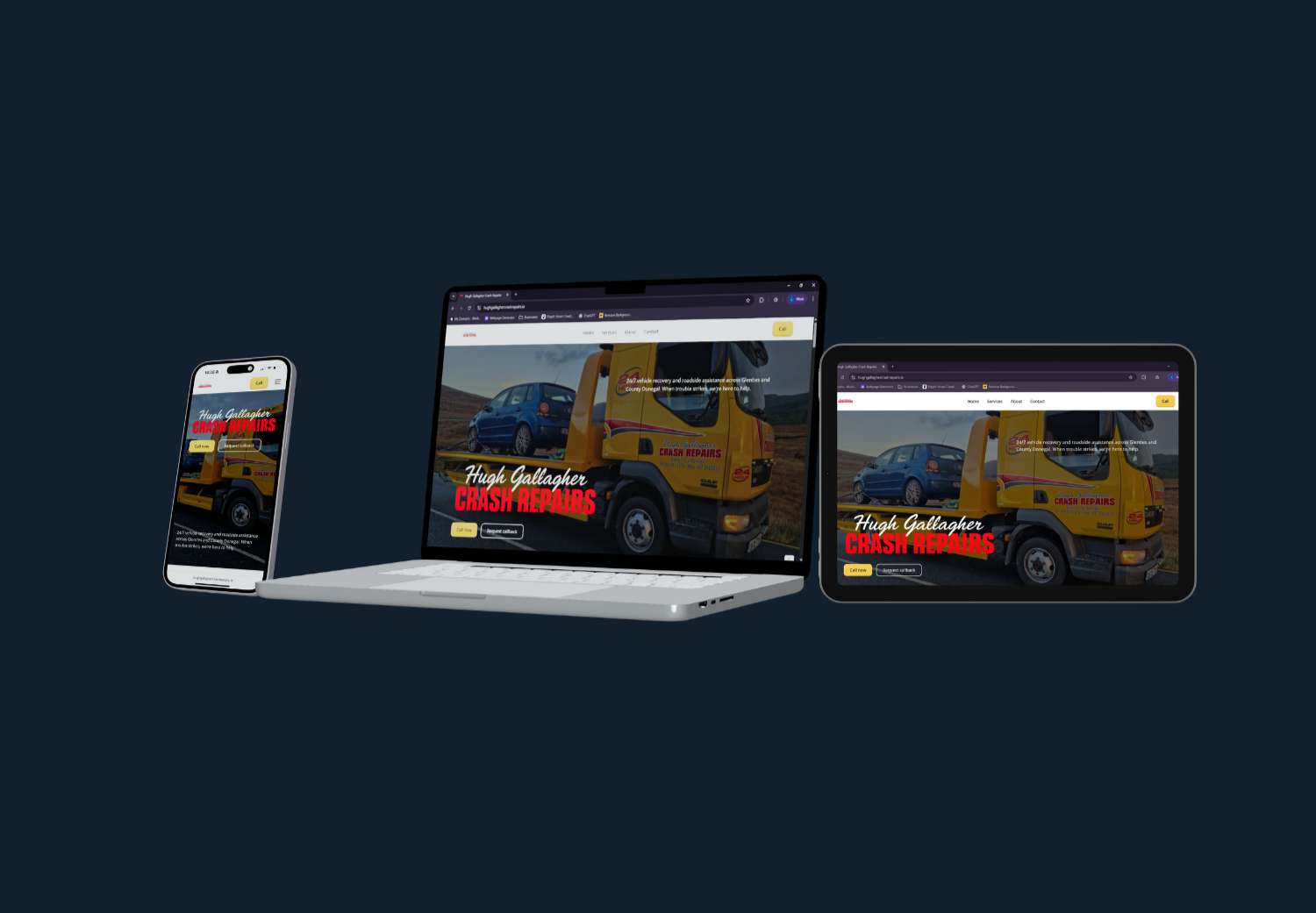 Website for Hugh Gallagher Crash Repairs displayed responsively on a smartphone, laptop, and tablet, showing a yellow tow truck and a blue car.